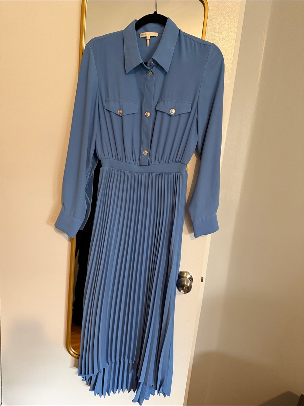 Maje Dusty Blue Pleated Midi Shirt Dress